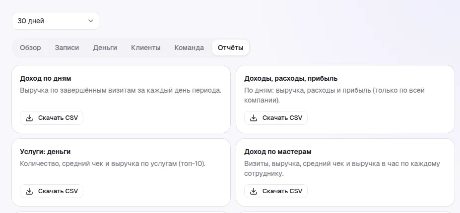 Вкладка «Отчёты»: карточки отчётов с кнопкой «Скачать CSV»